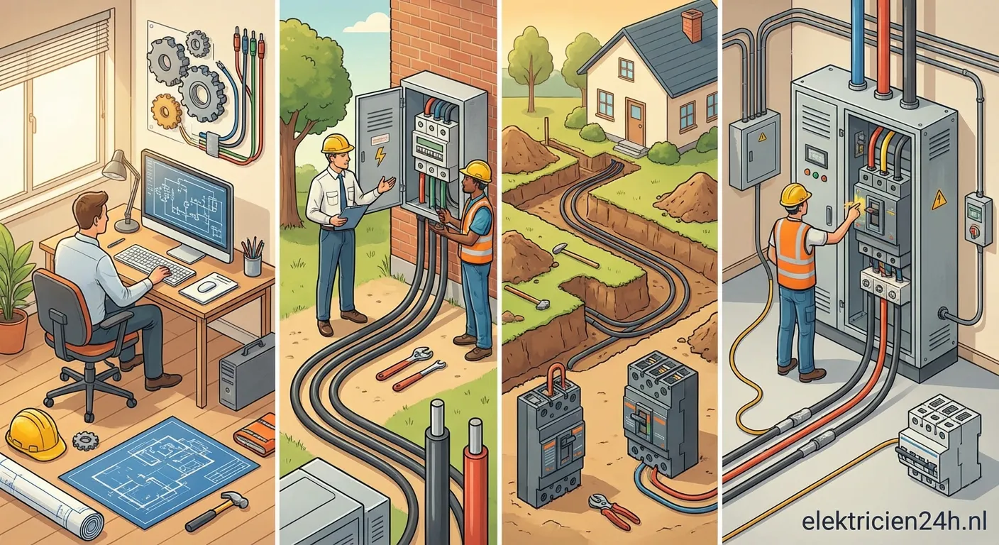Monteur werkt aan elektrische installatie na 3-fase aansluiting aanvragen