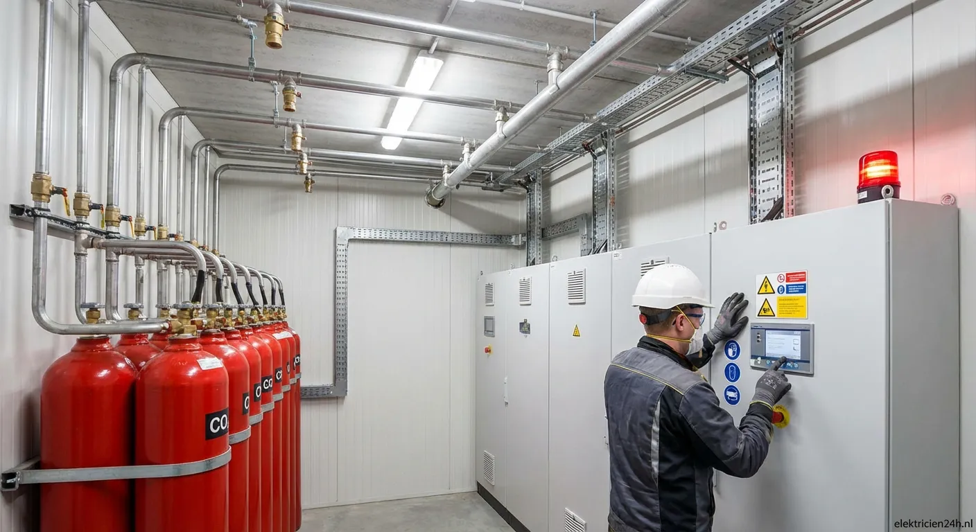 Rode cilinders van een Blusinstallatie CO2 in een technische ruimte