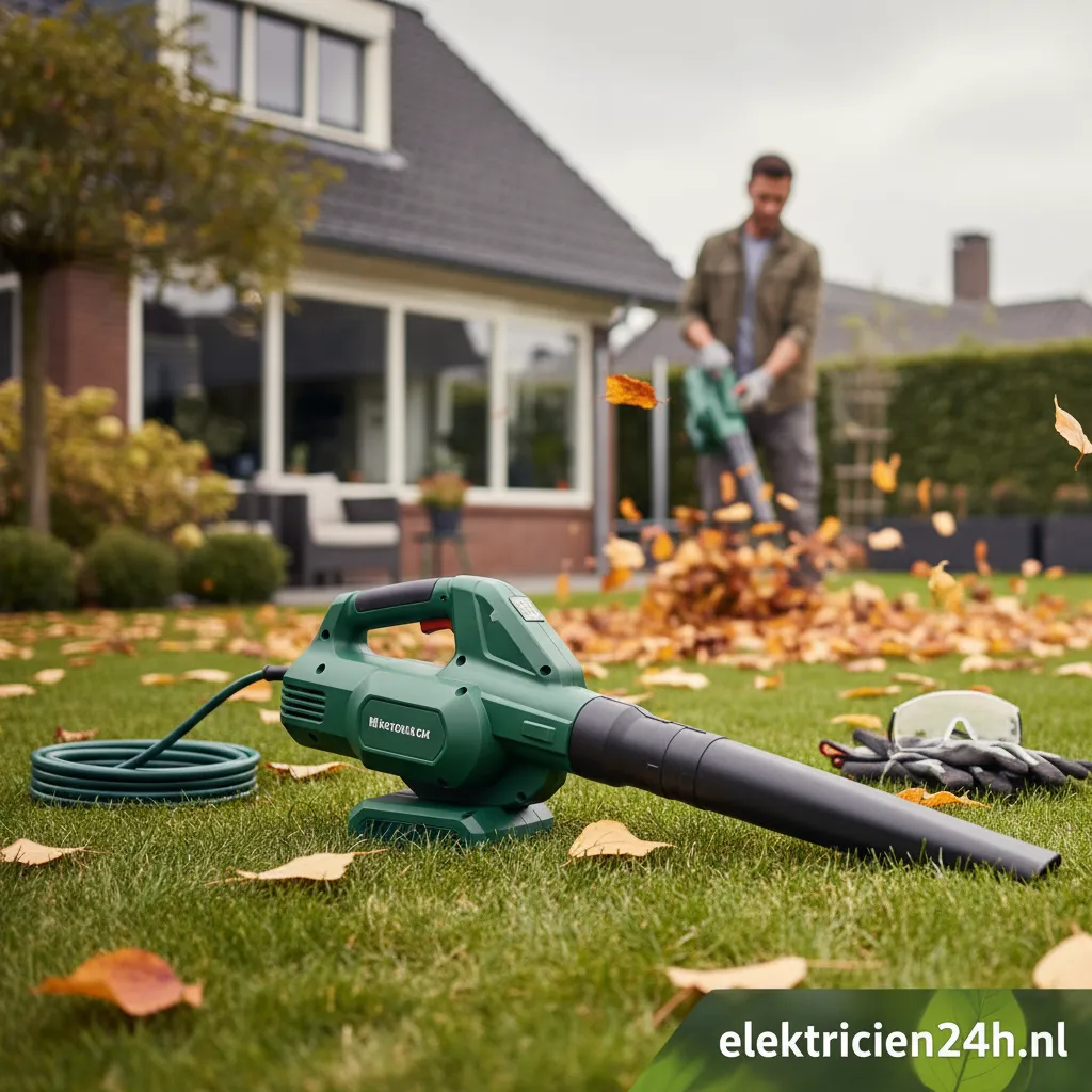 Moderne elektrische bladblazer in actie in een tuin vol herfstbladeren