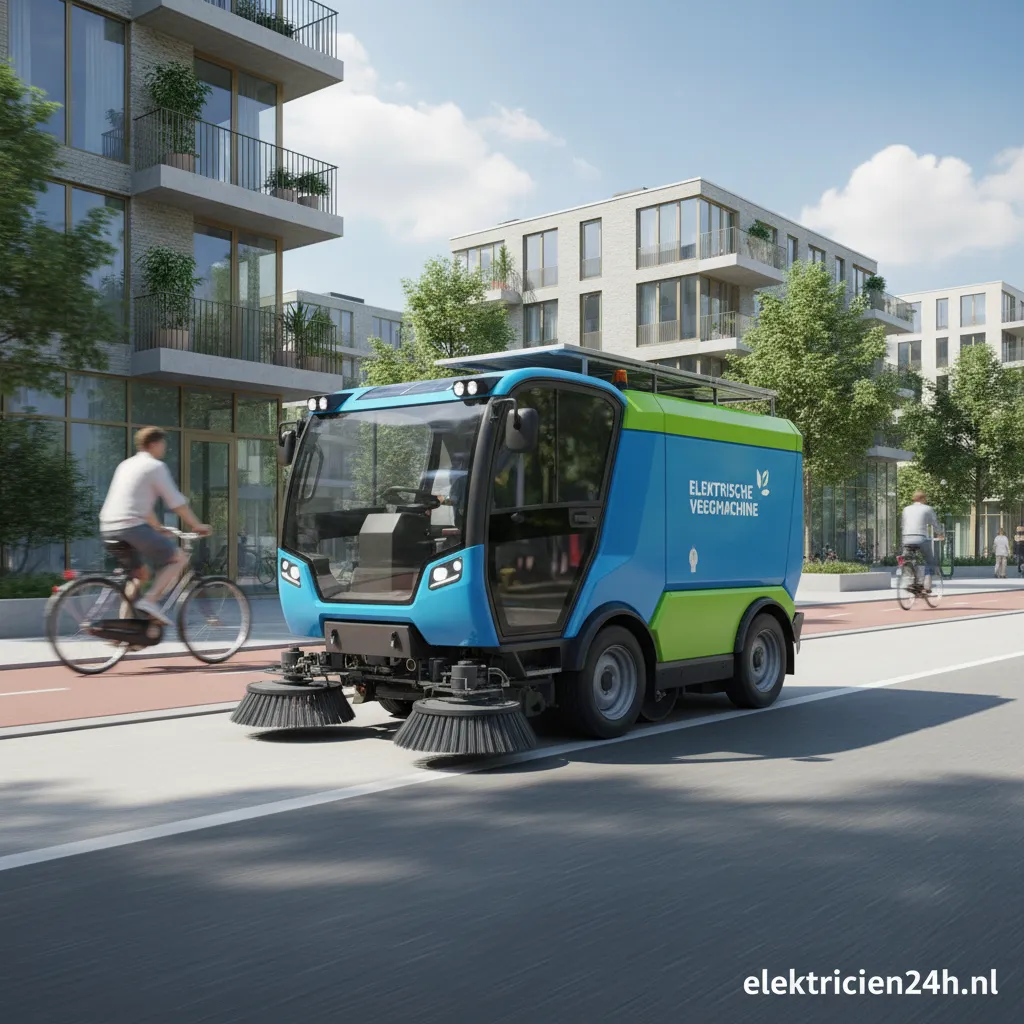 Een moderne elektrische veegmachine in een schoon magazijn.