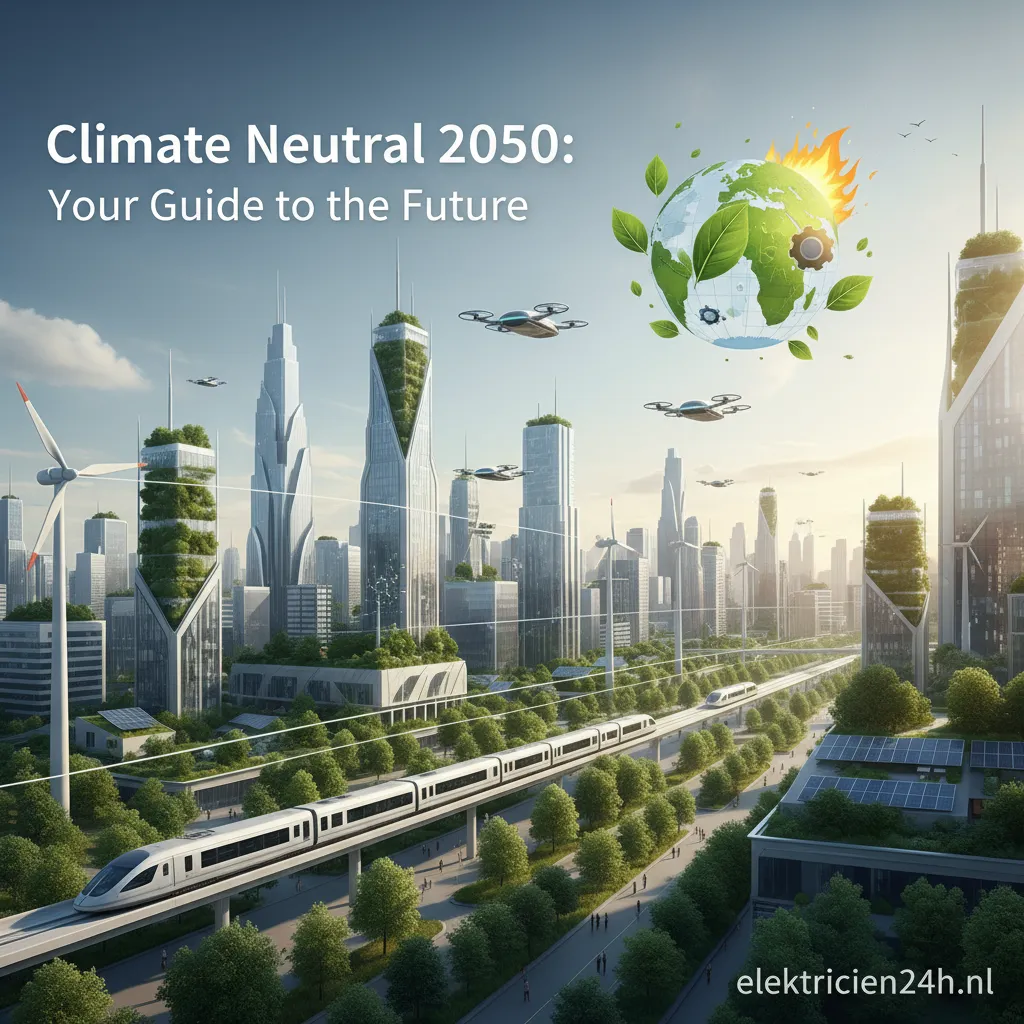 Moderne windturbines en zonnepanelen als symbool voor **klimaatneutraal 2050**