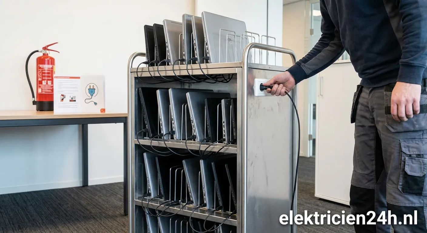 Open laptop trolley waarin meerdere laptops tegelijk aan het opladen zijn