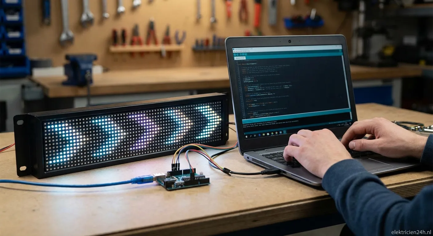Persoon bezig met lichtkrant programmeren op laptop naast LED display