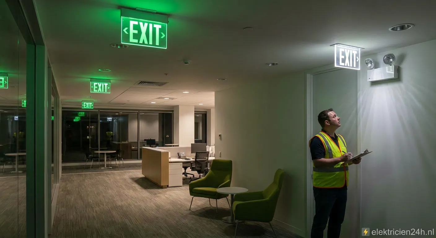 Noodverlichting armaturen aan plafond in moderne bedrijfshal