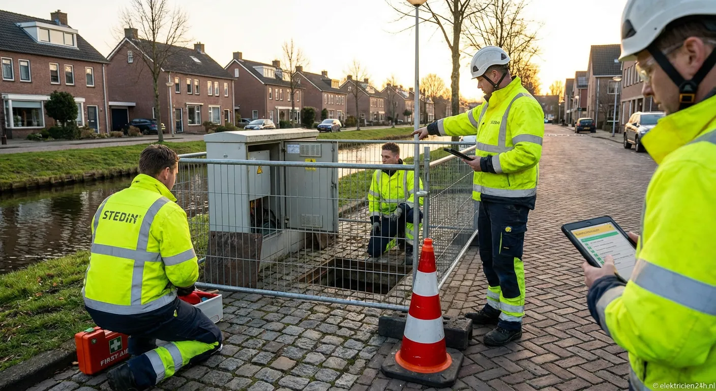 Onderhoudsmonteurs van Stedin Zuid-Holland bij een transformatorkast