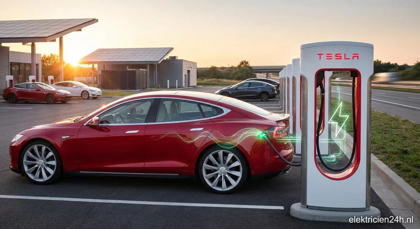 Tesla Supercharger station met moderne laadpalen