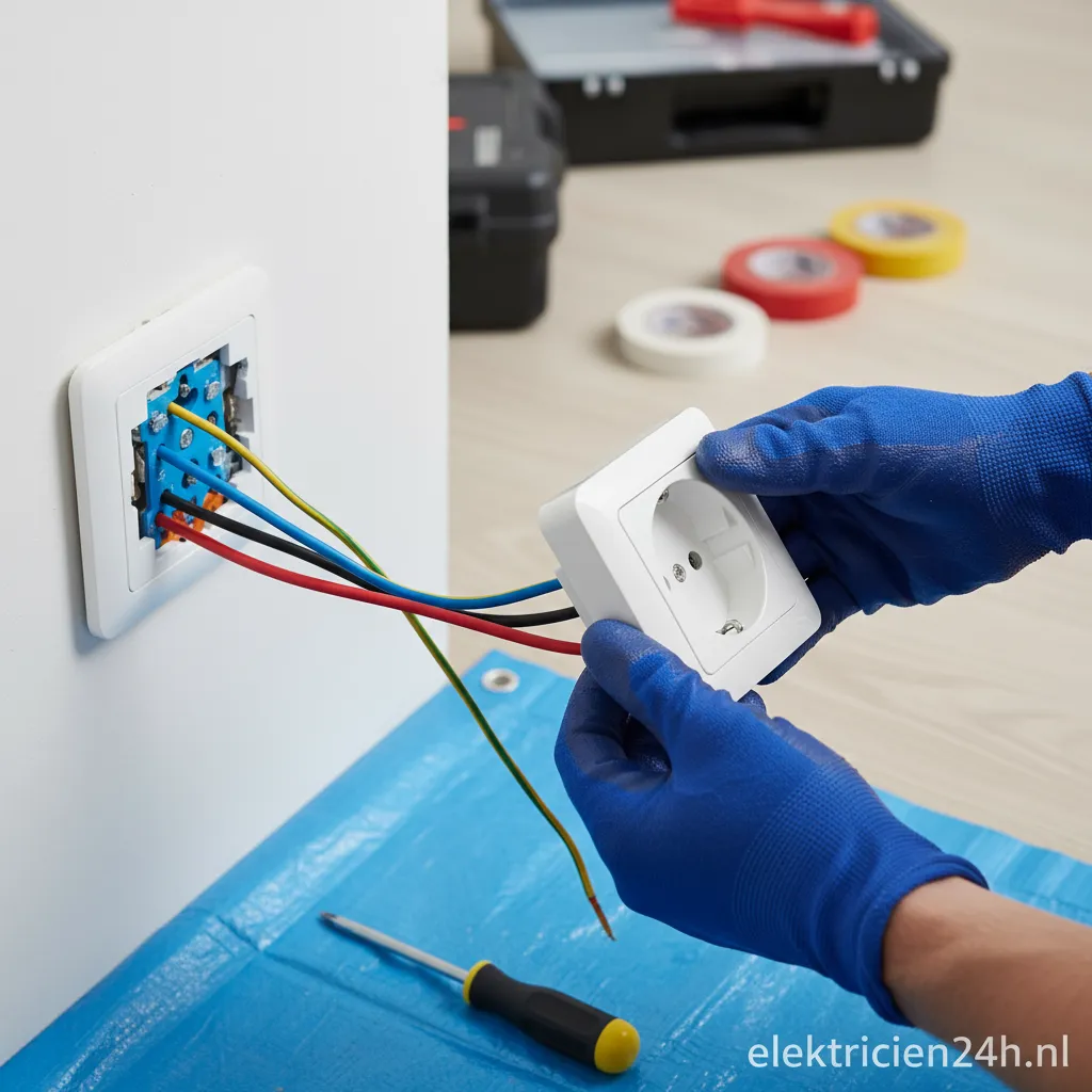 Een nieuwe wandcontactdoos die wordt geïnstalleerd aan een muur.